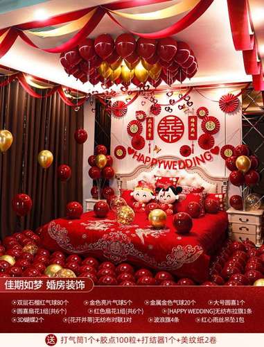 中式婚礼现场娘家男方家婚房布置结婚电视背景墙女方浪漫创意气球