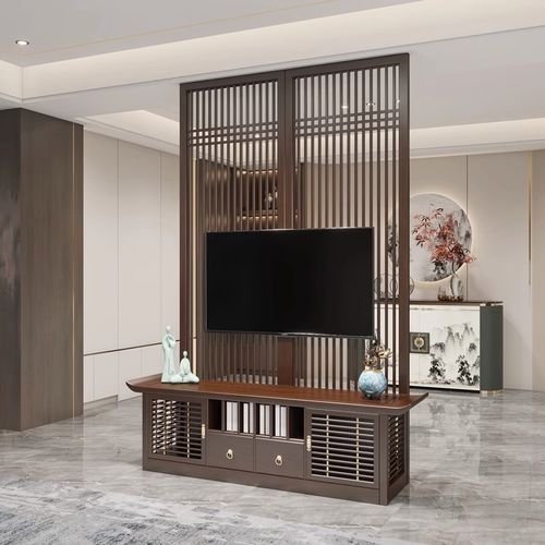 客厅中间隔断柜能放电视新中式实木定制电视机柜背景墙一体现代