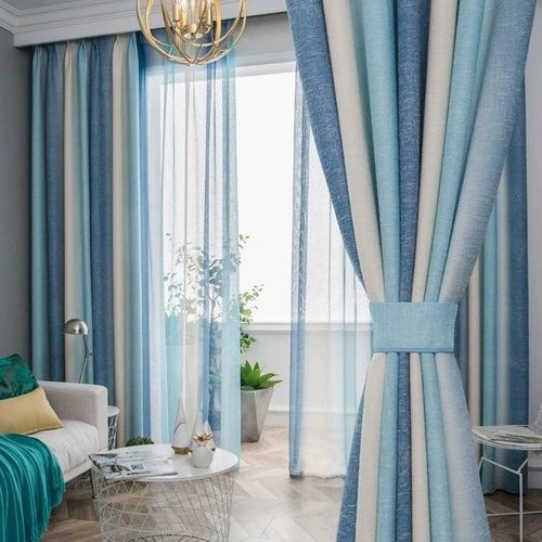 地中海窗帘成品简约现代美式条纹田园北欧遮光卧室客厅窗帘免打孔