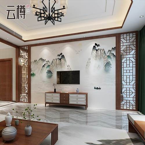 瓷砖电视背景墙3d现代简约微晶石影视墙新中式客厅艺术贺春江图