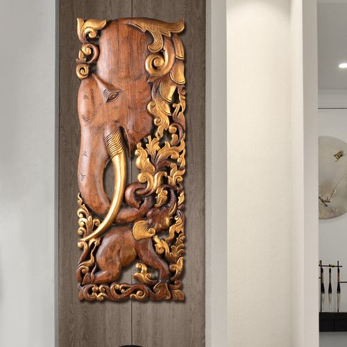东南亚实木雕刻工艺品泰国大象壁饰壁挂玄关墙面挂件木雕装饰画