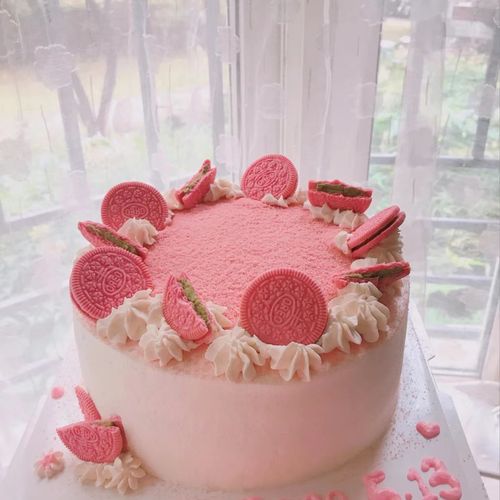 蛋糕装饰粉色白桃味樱花粉夹心饼干奶茶饮品木糠杯生日甜品装饰