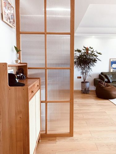 北欧轻奢实木玻璃屏风隔断日式极简瓦楞艺术木框玻璃玄关