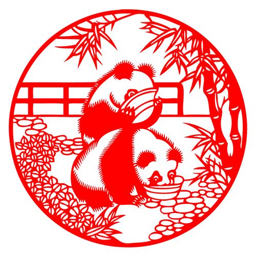 e817动物剪纸两只熊猫传统剪纸窗花壁画装饰刻纸剪纸成品