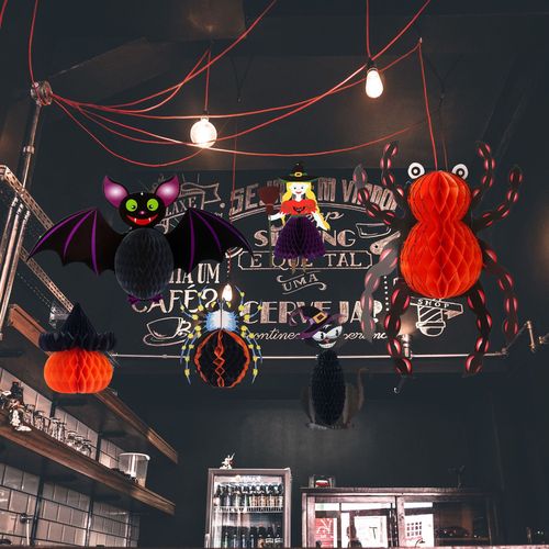 万圣节场景布置蜂窝球挂件幽灵女巫蜘蛛商场店铺橱窗鬼节氛围装饰