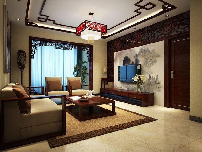 中式风格三居室客厅影视墙装修效果图欣赏