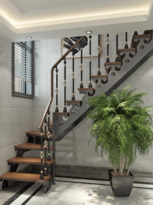 双梁楼梯定制室内复式阁楼欧式家用钢木玻璃整体楼梯