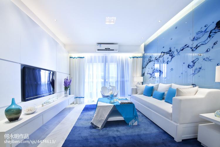 蓝色现代客厅背景墙效果图