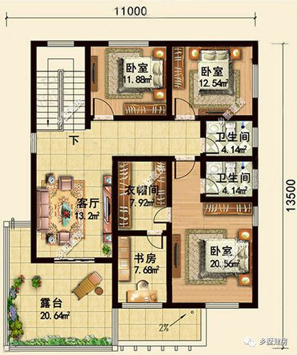 二层平面设计图上楼就是带露台的客厅三间卧室主卧豪华套间设计带