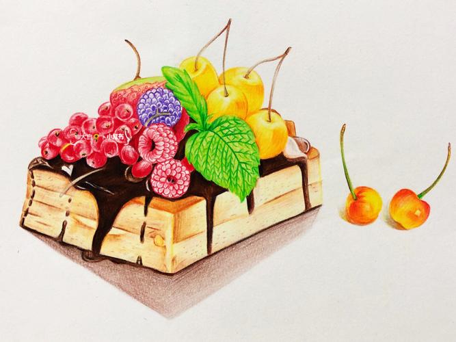 彩铅画美食甜品手绘水果蛋糕