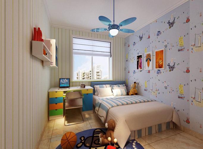 儿童房的部分条形纹和卡通的壁纸蔓延着整个卧室墙面而吊灯恰到好处