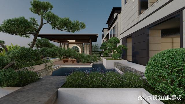 负一楼露台效果图建筑风格为新中式花园整体设计风格与色调要保证