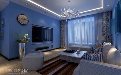 地中海风格蓝色客厅电视背景墙装修效果图地中海实木方茶几图片