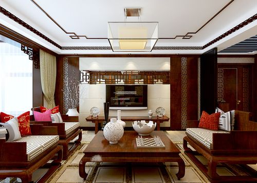 中式风格大户型客厅电视背景墙装修效果图中式风格吊顶图片