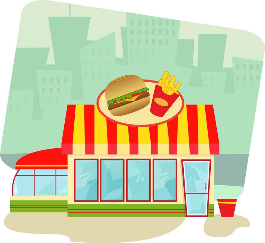 快餐餐厅卡通插图的快餐店和城市景观的背景.eps10