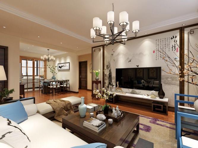 青岛瑞源名嘉汇新中式风格三居室装修效果图120平米9.