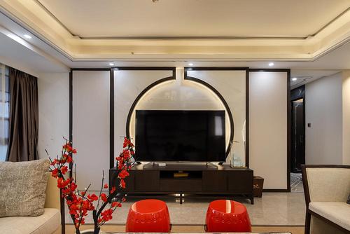 新中式风格电视背景墙三居室效果图