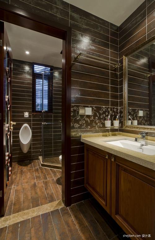 中式风格别墅豪华大卫生间干湿分离淋浴房梳妆台装修效果图