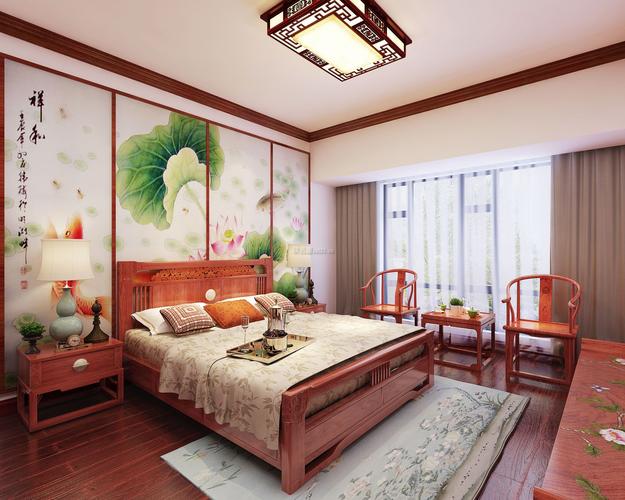 中式风格113平米三居室卧室窗帘装修效果图
