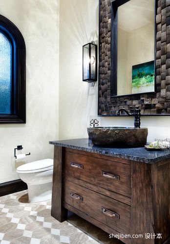 美式风格别墅豪华主卫生间镜子洗手盆地砖拼花装修图片