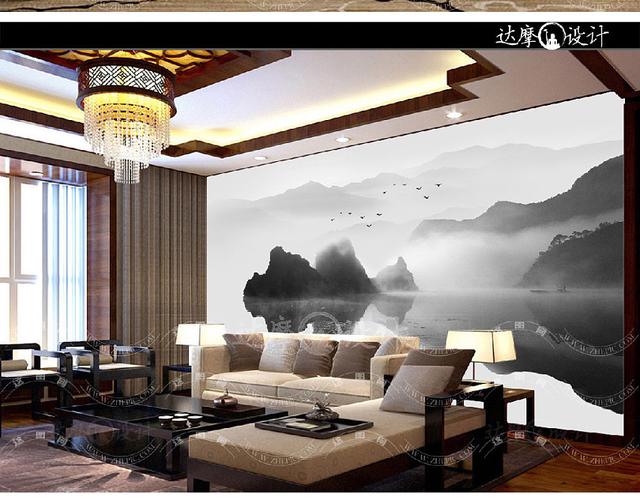 中式水墨山水画电视背景墙