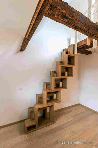 北欧工业复古风格实木楼梯踏步板安装效果图创意做旧风休闲别墅楼梯