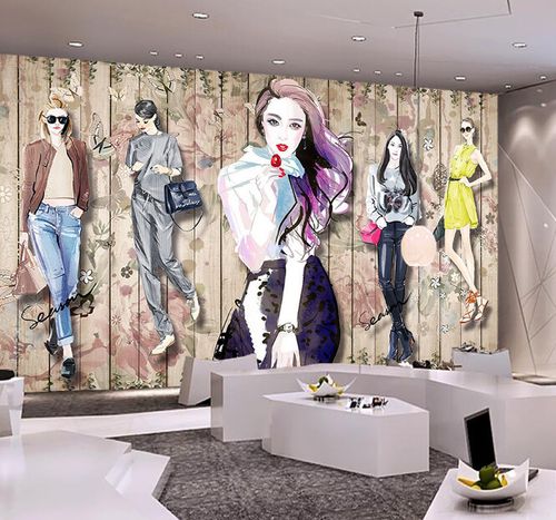 网红潮流女服装店3d个性时尚商场背景墙壁画手绘创意美女工装墙纸