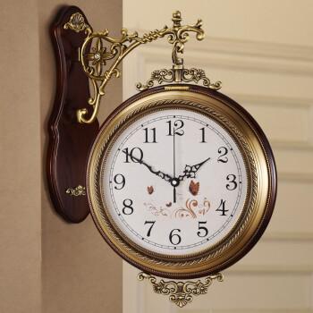 黄铜欧式挂钟双面表钟客厅时尚钟表创意实木装饰艺术壁挂静音挂表8859