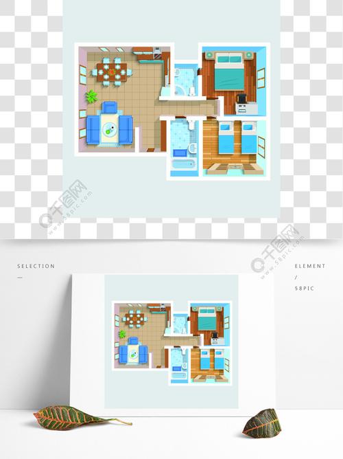 平面图和休息室两间卧室的浴室和家具矢量图模板免费下载ai格式1500