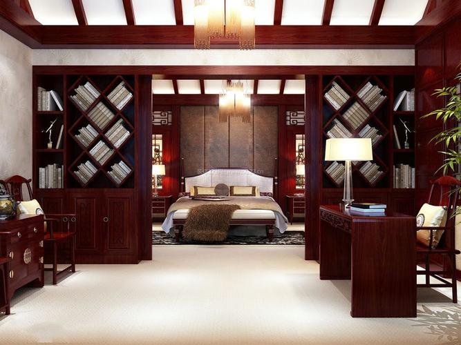 现代中式书房兼卧室装修效果图