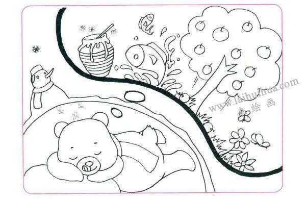 冬眠的大棕熊儿童线描画法步骤图示