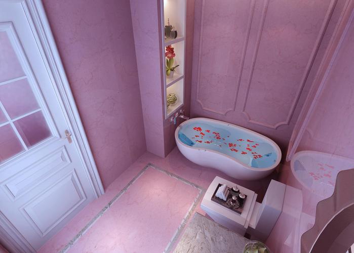 浴缸简约欧式壁纸二层卫生间粉色背景墙装修效果图