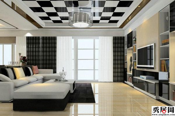 欧式黑白方格客厅铝扣板集成吊顶装修效果图