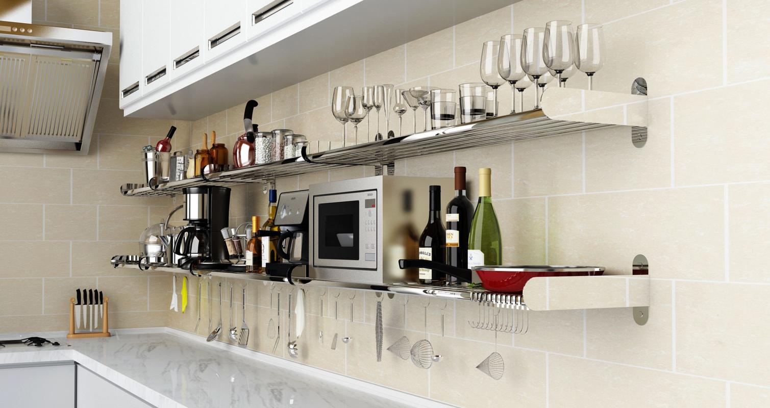 也可以在装修厨房的时候完全不装吊柜选择在厨房里装几个置物架