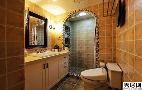 小面积仿古砖卫生间干湿分区淋浴房圆拱形垭口贴马赛克瓷砖装修效果图