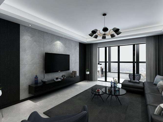 120平三居室温馨北欧风格客厅集成电视墙效果图
