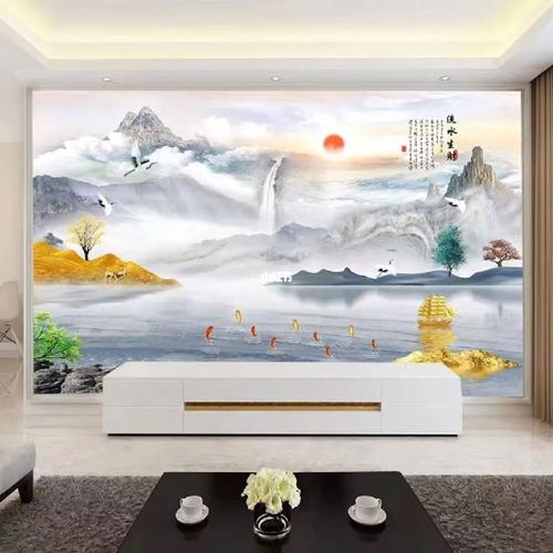中式电视背景墙壁纸3d电视墙壁画山水画8d影