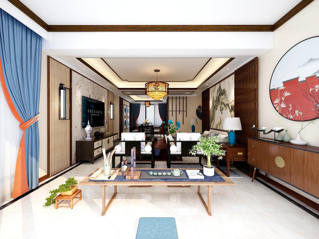 新中式设计客厅效果图大户型台式简约风客厅装修效果图简美风格三居室