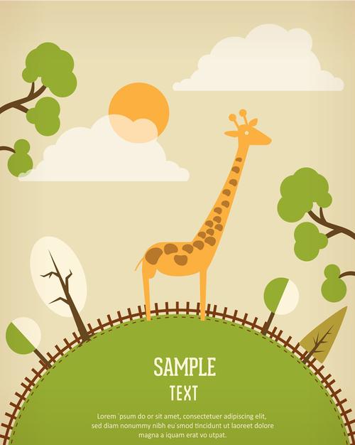 卡通长颈鹿素材动物长颈鹿绿树针叶树太阳云朵栅栏木栏斑点
