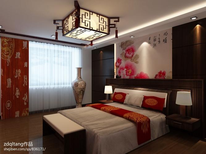设计中式古典美卧室牡丹床头背景墙装修设计效果图