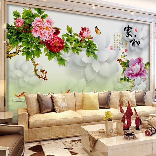 壁纸客厅影视现代牡丹花3d壁画沙发新中式背景墙定制壁画