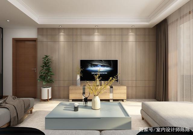 电视背景墙采用木饰面拉缝造型整体性很强.