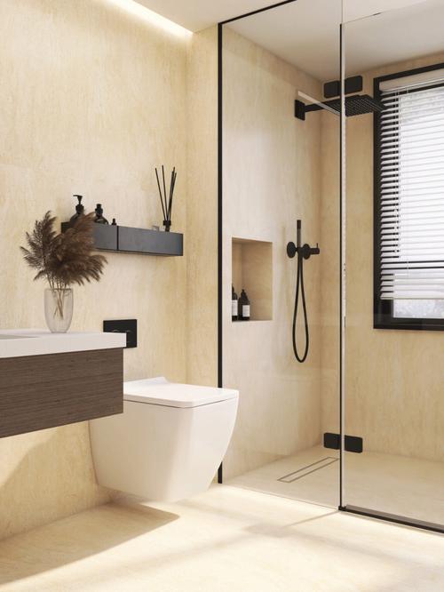 选择暖色系的瓷砖有纹理能可减少冷清清简单干湿分离的卫生间墙面