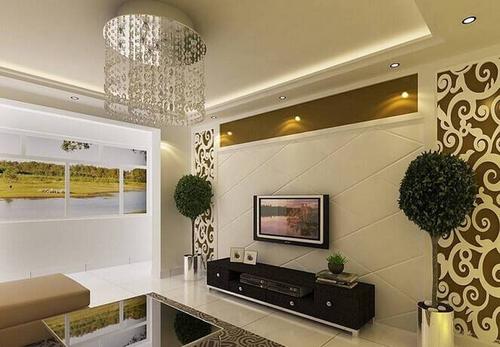 现代风格80小户型客厅茶镜雕花电视背景墙装修效果图