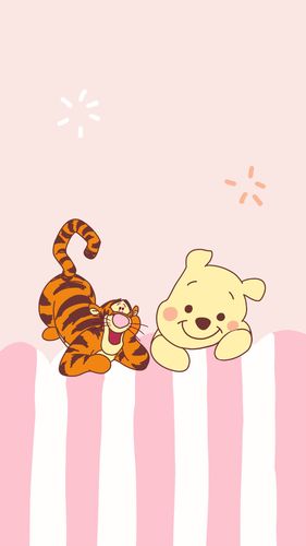 一只老虎一只熊可爱粉色系卡通动物手机壁纸图片