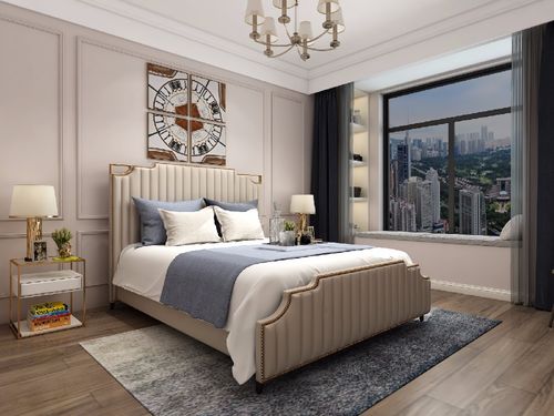 床头背景墙以石膏线条划分丰富空间层次美式经典造型床以及精致考究