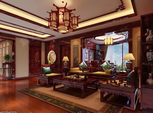 以中式典雅为核心宫灯花格红木家具绿植为装配即体现出现代人