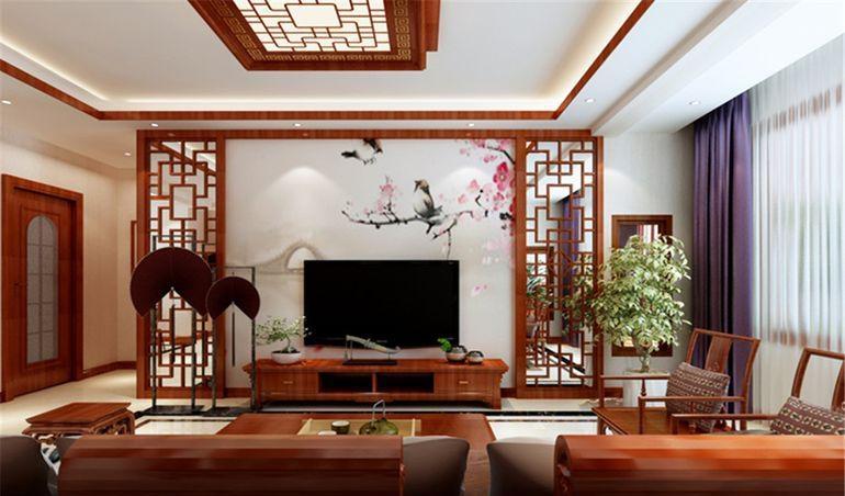 中式古典三居室客厅影视墙装修效果图