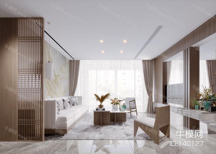 新中式现代简约轻奢风格客厅3d模型下载