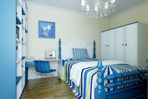 整个小孩房运用了淡黄色乳胶漆整体家具采用蓝白条纹与整装修美图